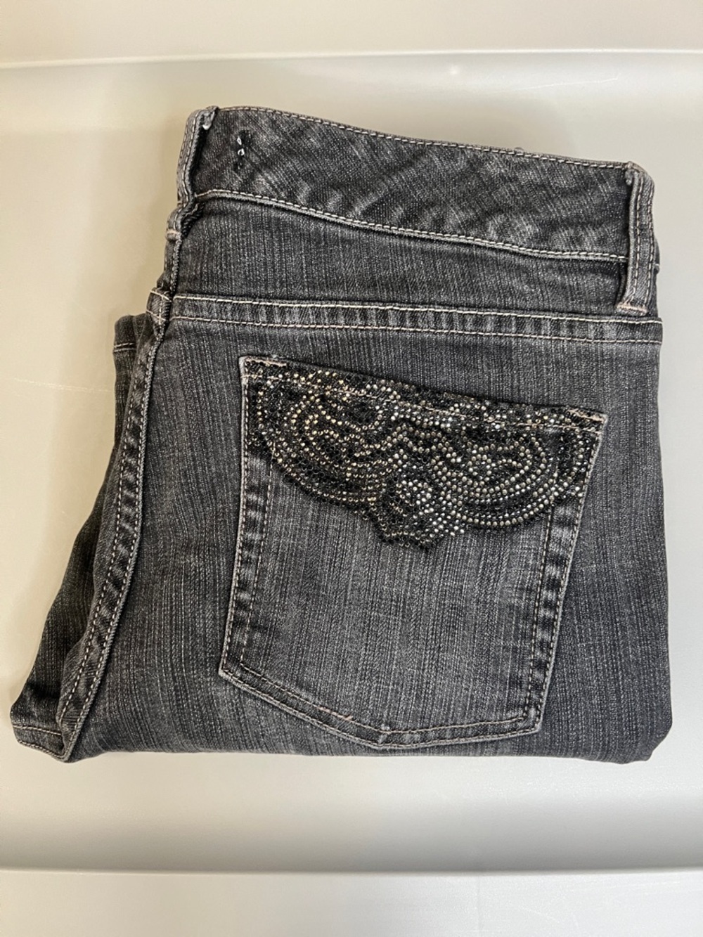 WHBM Blanc Bootleg Jeans Gray/Black Wash Embellished Pockets Size 8R